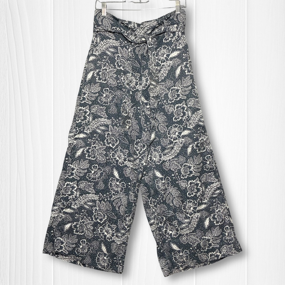 NWT Joie Lyocell Floral Print Tie Waist Crop Wide Leg Pants Womens L Navy Blue‎